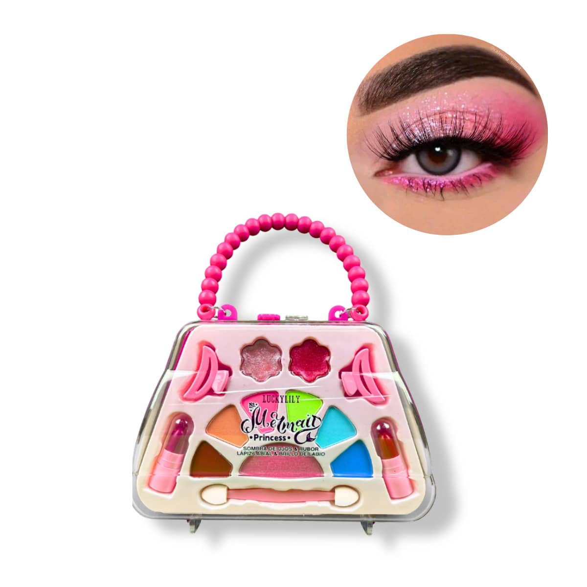 Mermaid Princes Kit de Maquillaje Todo Incluido kit de maquillaje Mermaid Princes todo incluido paleta sombras labial iluminador brochas y accesorios formato infantil juvenil ideal para juegos de dress up fiestas de disfraces presentacion segura cosmeticos no toxicos para ninas regalo creativo - Rosa Fucsia - Ver 1