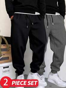 2 chiếc quần thể thao dài màu trơn có dây rút ở eo dành cho nam, quần tập thể dục màu đen cơ bản. - Nhiều màu - Xem 4