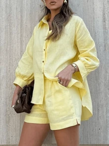 2 件套女士休闲独特简约亮黄色开衫衬衫和短裤套装，秋冬 - 黃色 - 查看 5