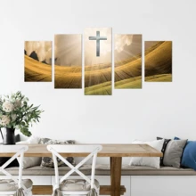 5 pièces/set Affiches d'art mural moderne, affiches sur canevas religieuses encadrées ou non encadrées, peinture de paysage de prairie avec croix, ensemble d'impressions d'images modulaires sur canevas, peinture murale œuvre d'art imperméable et sans odeur pour cadeau à la famille et aux amis, chambre à coucher, salon, décoration murale, décoration de la maison et du dortoir