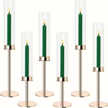 优雅浪漫 6/3 件套烛台套装，金色金属和玻璃锥形烛台，配玻璃灯罩，用途广泛，适用于婚礼、圣诞节、万圣节、圣帕特里克节、情人节装饰