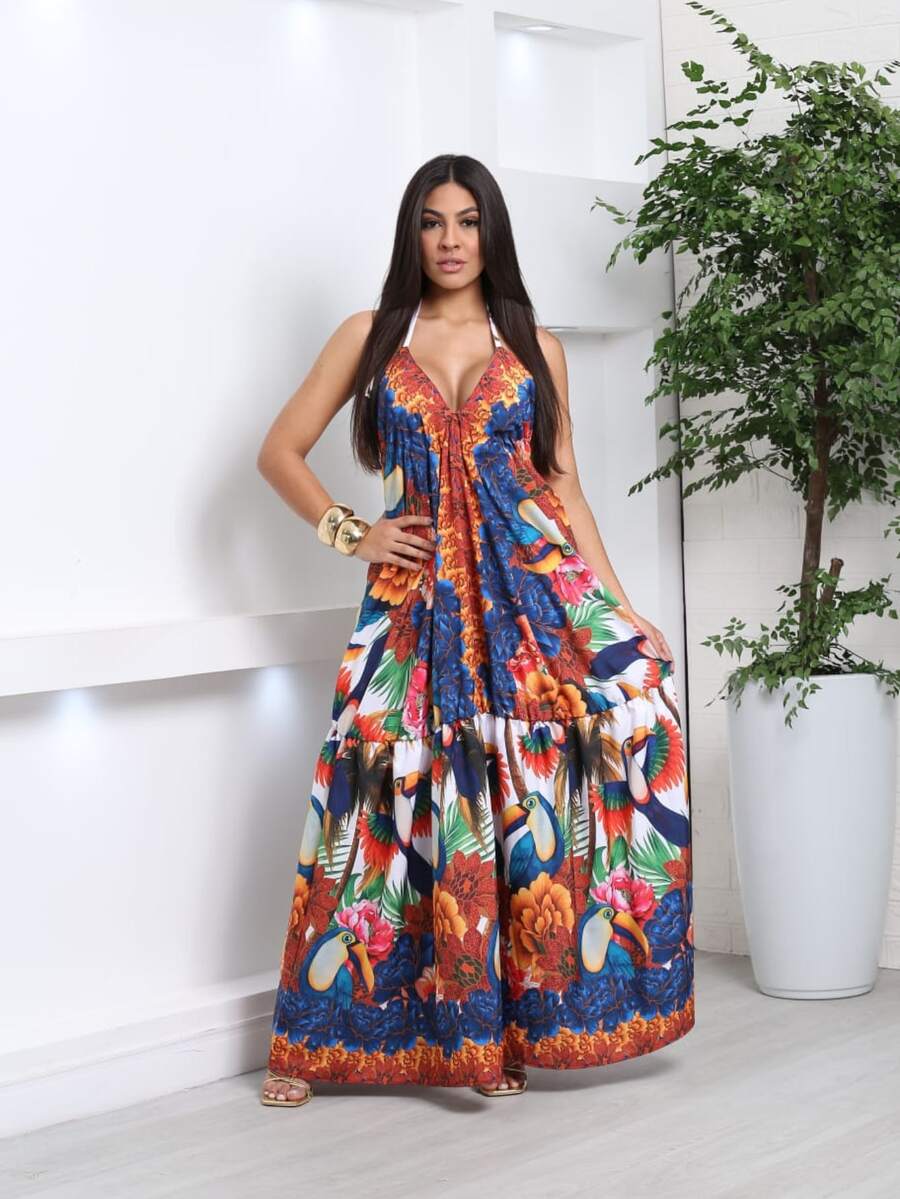 SUMMER DRESS WITH VARIOUS COLOR PRINT, LONG VISCOLINHO, OPENING ON THE BACK, V-CUT, STRAPS - Tropical - View 1