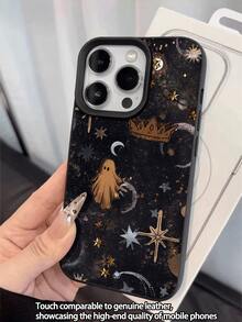 1pc Night Sky Star Moon Pattern Waterproof Anti-Fall Anti-Slip Soft Leather Phone Case Cover Compatible With Apple, Phones - Multicolor - View 4