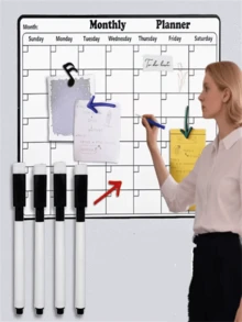 1 szt. magnetyczna tablica suchościeralna z 4 markerami, tablica magnetyczna na lodówkę z układem kalendarza tygodniowego i miesięcznego, idealna do organizacji domu lub kuchni, zawiera kalendarz - Czarne i Białe - Zobacz 2