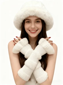1. Chapéu de pelúcia feminino, grosso, rosto pequeno, chapéu tipo balde com acabamento em pele sintética, combinado com punhos de manga alargada de malha, quente para acessórios de inverno