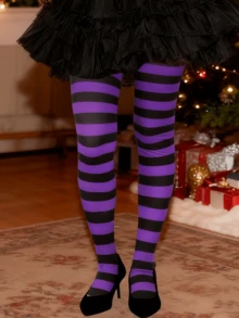 1pc Purple & Black Striped Tights - Retro Color Block Tights For Women, Bold & Vintage For A Statement Look (One Size)