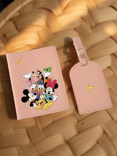 [ Donald Print Passport Holder]  Donald Graphic Passport Case With Luggage Tag PU For Travel Accessories Card Holder Suitcase Tag Name Tag Card Sleeve Hanging Tag Pendant For Holiday Vacation Travel Essentials For Travel Backpack Travel Bag Luggage Suitcase Travel Gear Back To School Bag For School School Accessories School Stuff