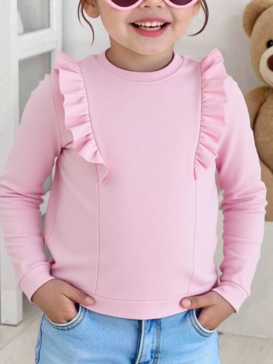 Girls' Crew Neck Sweatshirt With Ruffle Trim - Pink - View 1