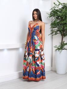SUMMER DRESS WITH VARIOUS COLOR PRINT, LONG VISCOLINHO, OPENING ON THE BACK, V-CUT, STRAPS - Tropical - View 3