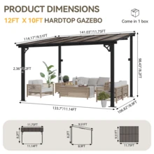AOXUN 10'x10' / 12'10' Gazebo, Wall Mounted Gazebos Pergola, Outdoor Patio, Gazebo Awnings With Sloped Roof - 灰色 - 查看 10