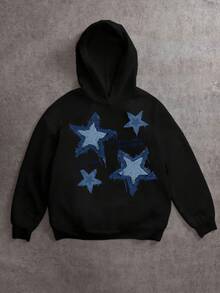 2 pcs Conjunto suadera y short mujer sudadera con capucha short resorte estampado ESTRELLA IMITACION MEZCLILLA otoño invierno cómodo excelente calidad - Negro - Ver 3