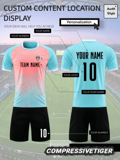2pcs Customizable Geometric Pattern Light Blue Football Jersey: Add Name, Number And Team Logo To Create Your Own Personalized Team Uniform. Made Of Durable Fabric. Great Gift For Football Fan Boyfriend/Girlfriend. Suitable For Casual/Daily Wear And Matches.