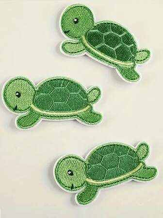 3 piezas Parches de tortuga verde de hierro - Parches bordados para ropa, mochilas, sombreros, etc. - Estilo casual - Hechos de poliéster, bordados por computadora, parches de tela con dibujos animados de animales y frutas, accesorios de ropa, decoración para sombreros y diarios, parches bordados