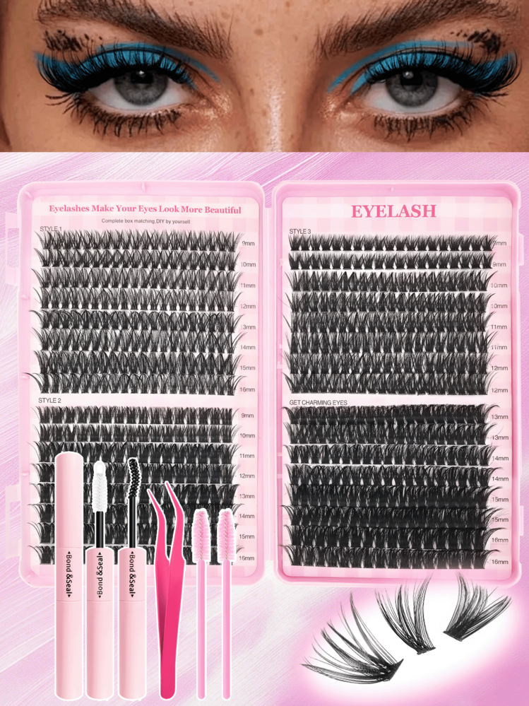 720片假睫毛套装，单簇假睫毛，D卷度，9-16毫米，DIY手工假睫毛，自然浓密卷翘，柔软厚实，可选长度：30D/40D/40D/80D/80D/100D，超轻盈，0.07毫米仿貂毛，单簇设计，适合日常佩戴、派对及各种场合，必备化妆工具 - 黑色 - 查看 16
