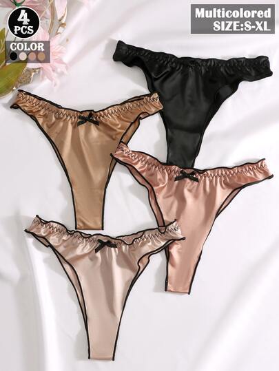 4pcs/Pack Comfortable Seamless Low-Rise Panties, Cute Bow Sexy Thong For Women