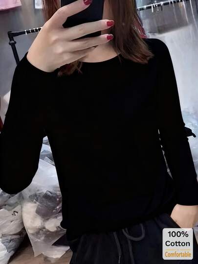 Women's Cotton Long Sleeve T-Shirt, Loose Fit Mid-Length Black Top, Layering Tee, Fashionable For Autumn/Winter