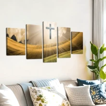 5 pièces/set Affiches d'art mural moderne, affiches sur canevas religieuses encadrées ou non encadrées, peinture de paysage de prairie avec croix, ensemble d'impressions d'images modulaires sur canevas, peinture murale œuvre d'art imperméable et sans odeur pour cadeau à la famille et aux amis, chambre à coucher, salon, décoration murale, décoration de la maison et du dortoir