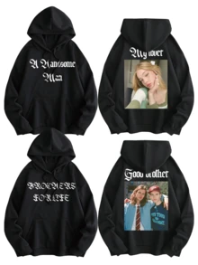 هودي مطبوع بصورة/نص مخصص للرجال، مقاس كبير، بلوزة رياضية كاجوال بغطاء للرأس، أسود