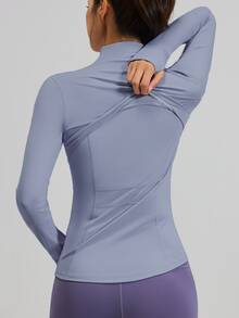 Chaqueta deportiva ajustada con cremallera para mujer, con 2 bolsillos, ligera y elástica, ideal para yoga y gimnasio. - Gris azulado - Ver 2