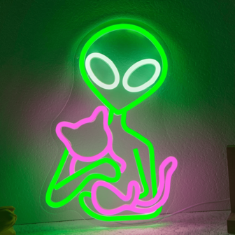 Alien neonskylt för väggdekoration, katt LED-lampor för sovrum, grönt neonljus för spelrum, man cave, festdekor, present till barn
