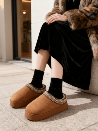 รองเท้าแตะขนปุยหนังกลับเทียมสำหรับผู้หญิง, รองเท้าแตะส้นหนาแบบปิดหัว, รองเท้าลุยหิมะแฟชั่นฤดูหนาว, รองเท้าแตะแบบสวม ส้นเตี้ย พร้อมพื้นกันลื่น TPR สำหรับใช้ในร่มและกลางแจ้ง