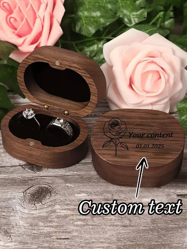 1pc Customized Carved Ring Box, Jewelry Box For Engagement Ring, Suitable For Wedding, Anniversary, Small Square Wooden Box With Double Ring Holder, Velvet Lining Jewelry Storage Gift Box, Vintage Style Suitable For Valentine's Day Gift Or Accessory Ring Box For Men And Women