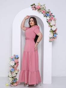Long Loose Party Dress With Short Sleeves And V-Neckline - Rosa Oxidada - Ver 9