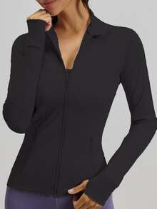 Women's Slim Fit Zip - Up Sports Jacket With 2 ZipperPockets, Lightweight & Stretchy For Yoga, Gym - 黑色 - 查看 4