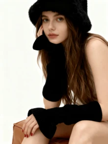 1. Chapéu de pelúcia feminino, grosso, rosto pequeno, chapéu tipo balde com acabamento em pele sintética, combinado com punhos de manga alargada de malha, quente para acessórios de inverno