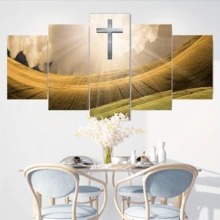 5 pièces/set Affiches d'art mural moderne, affiches sur canevas religieuses encadrées ou non encadrées, peinture de paysage de prairie avec croix, ensemble d'impressions d'images modulaires sur canevas, peinture murale œuvre d'art imperméable et sans odeur pour cadeau à la famille et aux amis, chambre à coucher, salon, décoration murale, décoration de la maison et du dortoir
