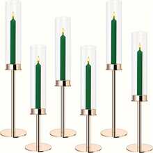 优雅浪漫 6/3 件套烛台套装，金色金属和玻璃锥形烛台，配玻璃灯罩，用途广泛，适用于婚礼、圣诞节、万圣节、圣帕特里克节、情人节装饰