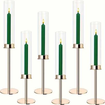 优雅浪漫 6/3 件套烛台套装，金色金属和玻璃锥形烛台，配玻璃灯罩，用途广泛，适用于婚礼、圣诞节、万圣节、圣帕特里克节、情人节装饰