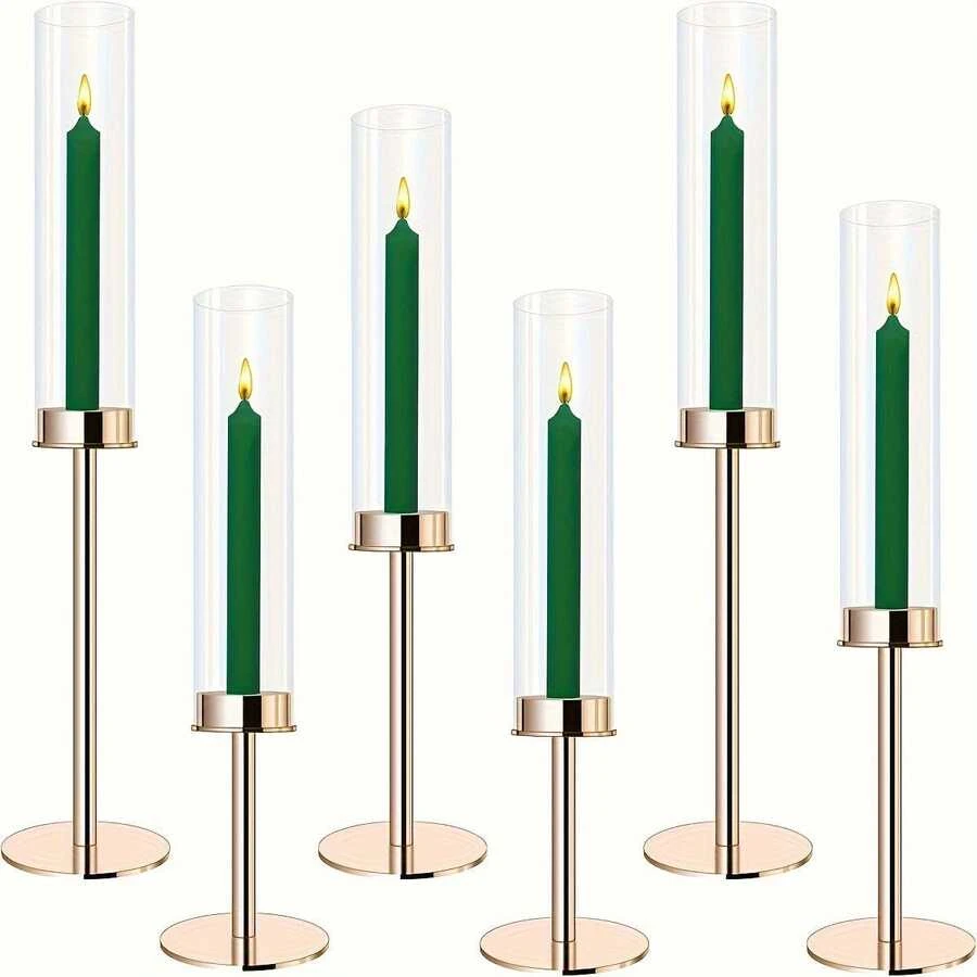 优雅浪漫 6/3 件套烛台套装，金色金属和玻璃锥形烛台，配玻璃灯罩，用途广泛，适用于婚礼、圣诞节、万圣节、圣帕特里克节、情人节装饰