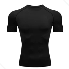 RASH GUARD SHIRT PLAIN COMPRESSION T-SHIRT SHORT SLEEVE WORKOUT GYM - Black - View 1