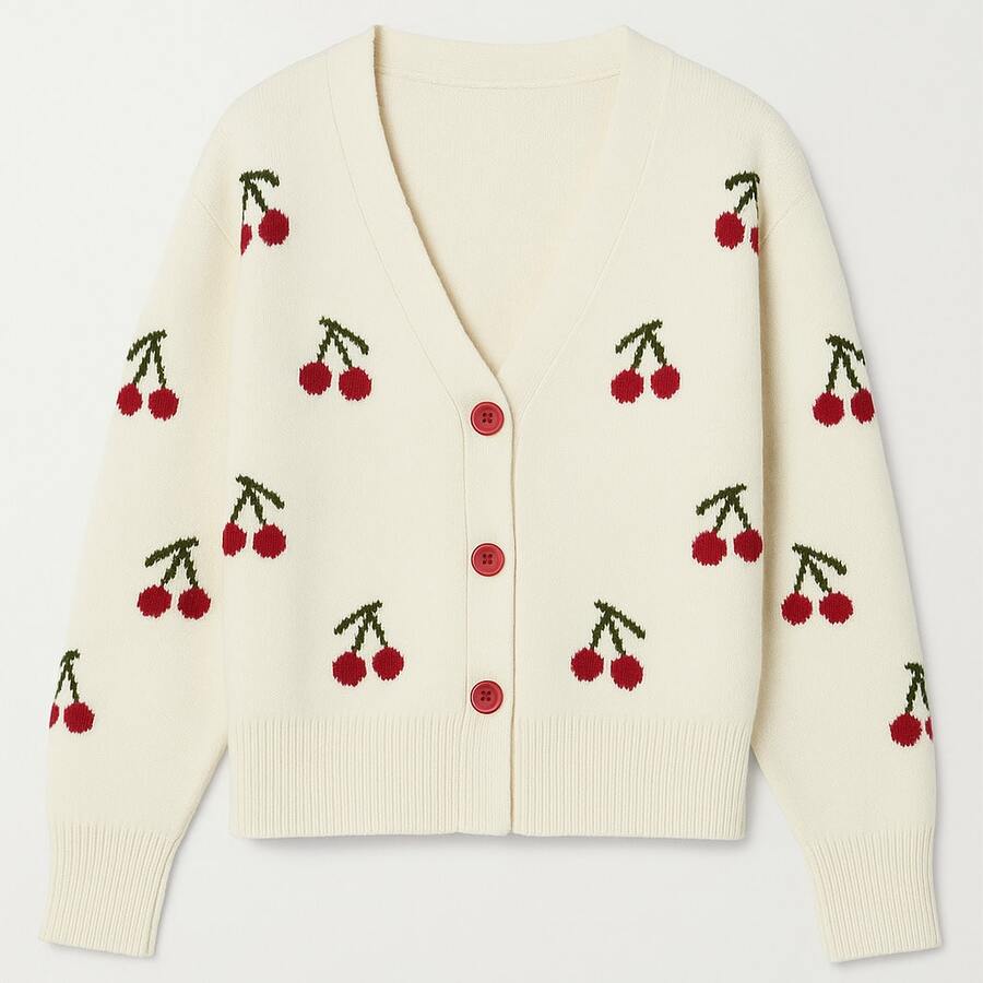 Women's POPULAR Cherry DETAILED Knit Cardigan - Cream - View 1