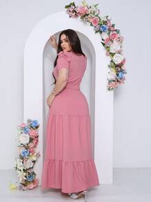 Long Loose Party Dress With Short Sleeves And V-Neckline - Rosa Oxidada - Ver 6