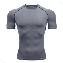 RASH GUARD SHIRT PLAIN COMPRESSION T-SHIRT SHORT SLEEVE WORKOUT GYM - Grey - View 1