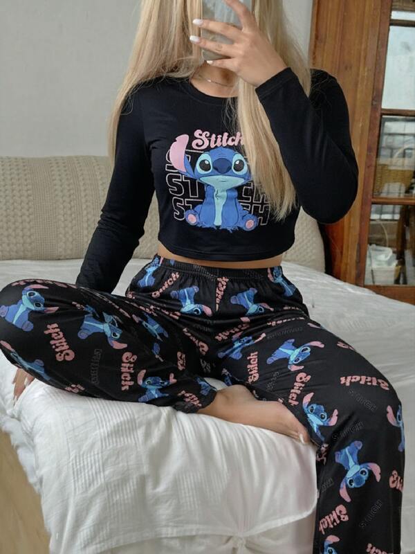 Disney 2pcs Women Stitch Graphic Print Crew Neck Long Sleeve Top + Elastic Waist Straight Leg Pants Pajama Set, Winter Clothes