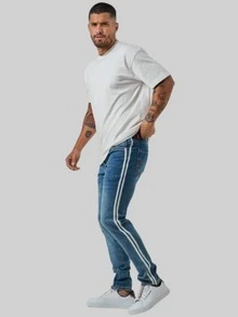 Jeans SLIM con Franjas Laterales de Excelente Calidad, Mezclilla Gruesa y Durable, A la Moda, Diseño Moderno, Estilizables y Combinables, Diferentes Colores, Multi Estilos. - Azul 2 F - Ver 3