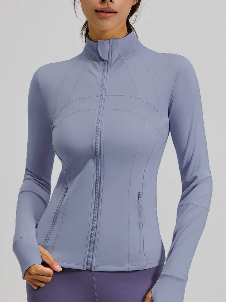 Chaqueta deportiva ajustada con cremallera para mujer, con 2 bolsillos, ligera y elástica, ideal para yoga y gimnasio. - Gris azulado - Ver 1