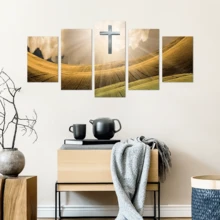 5 pièces/set Affiches d'art mural moderne, affiches sur canevas religieuses encadrées ou non encadrées, peinture de paysage de prairie avec croix, ensemble d'impressions d'images modulaires sur canevas, peinture murale œuvre d'art imperméable et sans odeur pour cadeau à la famille et aux amis, chambre à coucher, salon, décoration murale, décoration de la maison et du dortoir