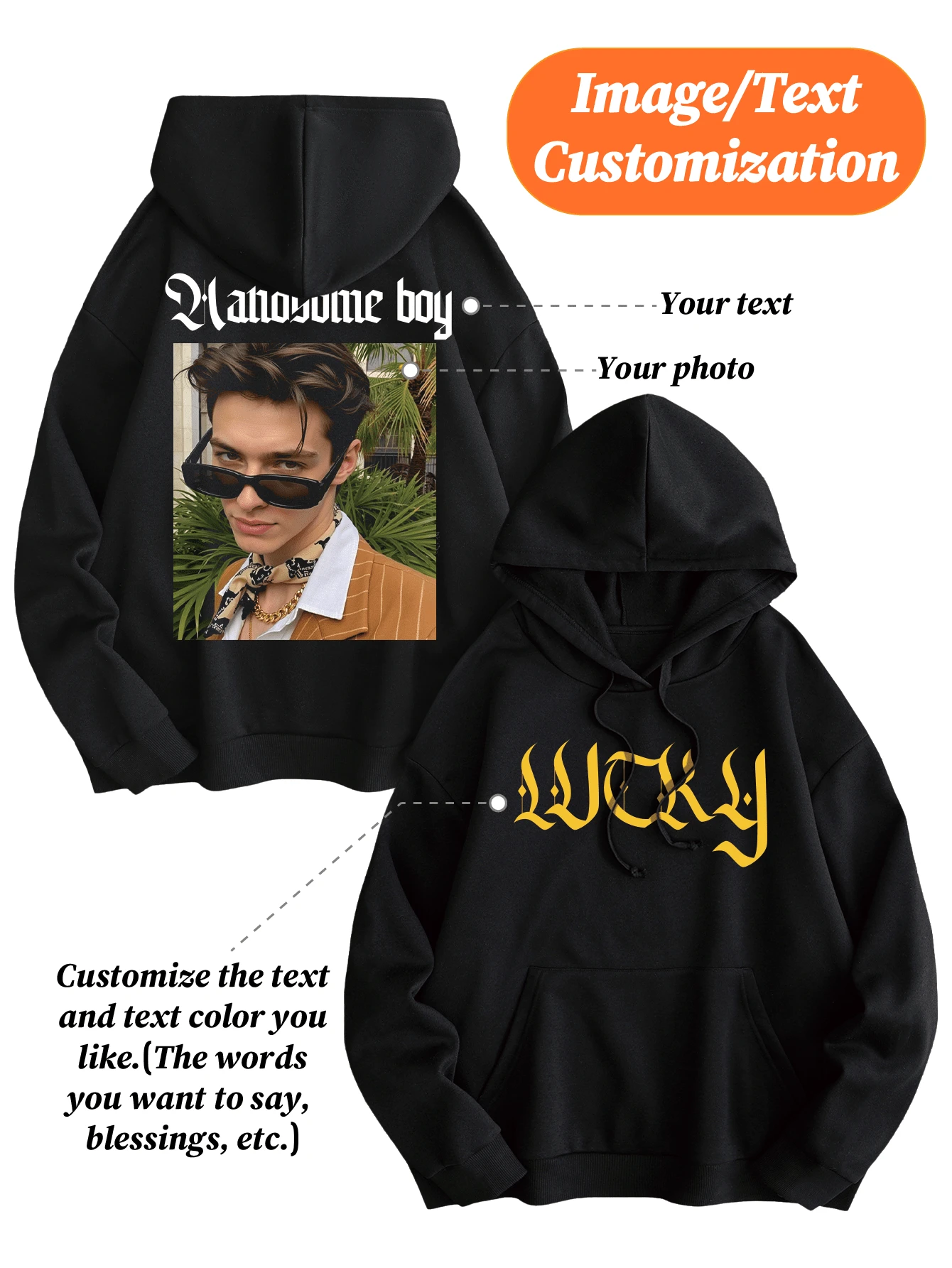 هودي مطبوع بصورة/نص مخصص للرجال، مقاس كبير، بلوزة رياضية كاجوال بغطاء للرأس، أسود