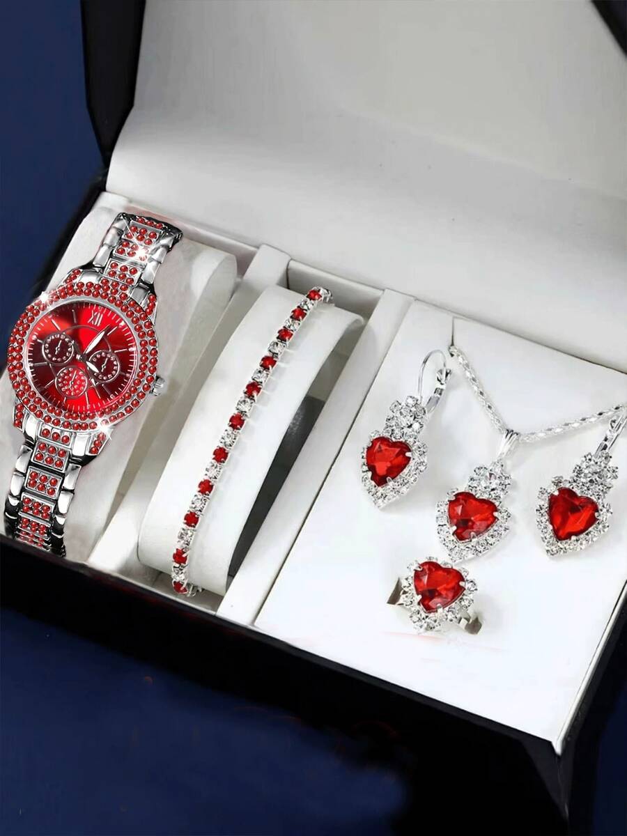 6pcs Luxury Fully Rhinestone Bracelet & Quartz Watch Set For Women - Burgundy - View 1