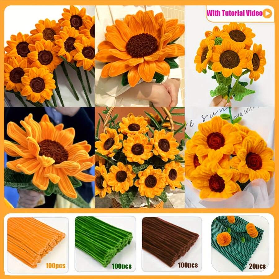 [320pcs/Pack] Soft Golden Fiber Cleaning Sticks - Chenille Fiber Craft Material, Suitable For DIY Flower Arranging Sets - Graduation, Wedding, Valentine's Day Gift Bulk Supply - Multicolor - View 1