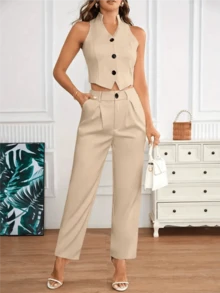 2 piezas Conjunto de chaleco y pantalones sin mangas para mujer, atuendo casual de otoño - Blanco - Ver 4