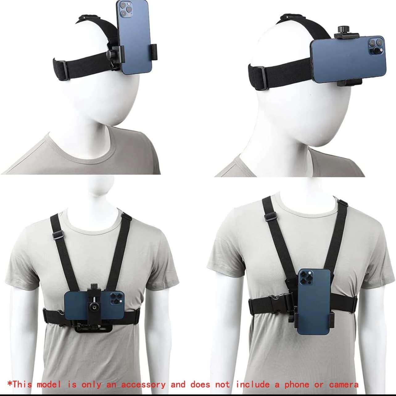 基础款手机胸带支架套装，适用于POV/VLOG、钓鱼、骑行等运动相机，手机夹配件，适用于运动相机 - 黑 - 查看 1