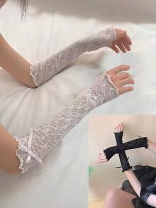 1/2 对/套女士尼龙蕾丝手套，长袖套，带褶边细节和领结，防晒时尚配饰 - 彩色 - 查看 1