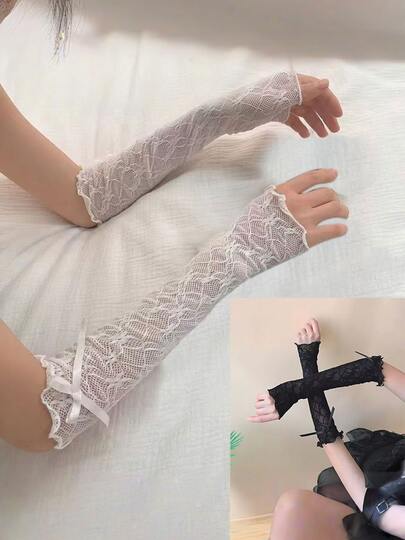 1/2 对/套女士尼龙蕾丝手套，长袖套，带褶边细节和领结，防晒时尚配饰