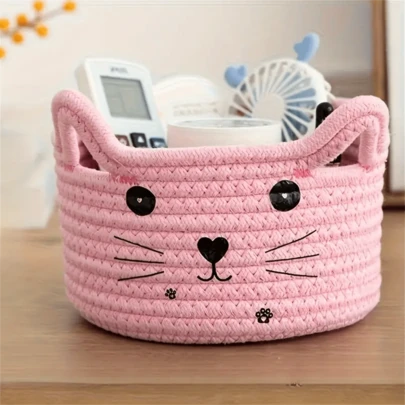 1pc猫脸纺织收纳篮办公桌杂物分类收纳盒大容量收纳篮可爱设计坚固耐用加厚收纳篮储物篮开放式收纳盒适用于办公室宿舍卧室客厅书桌收纳