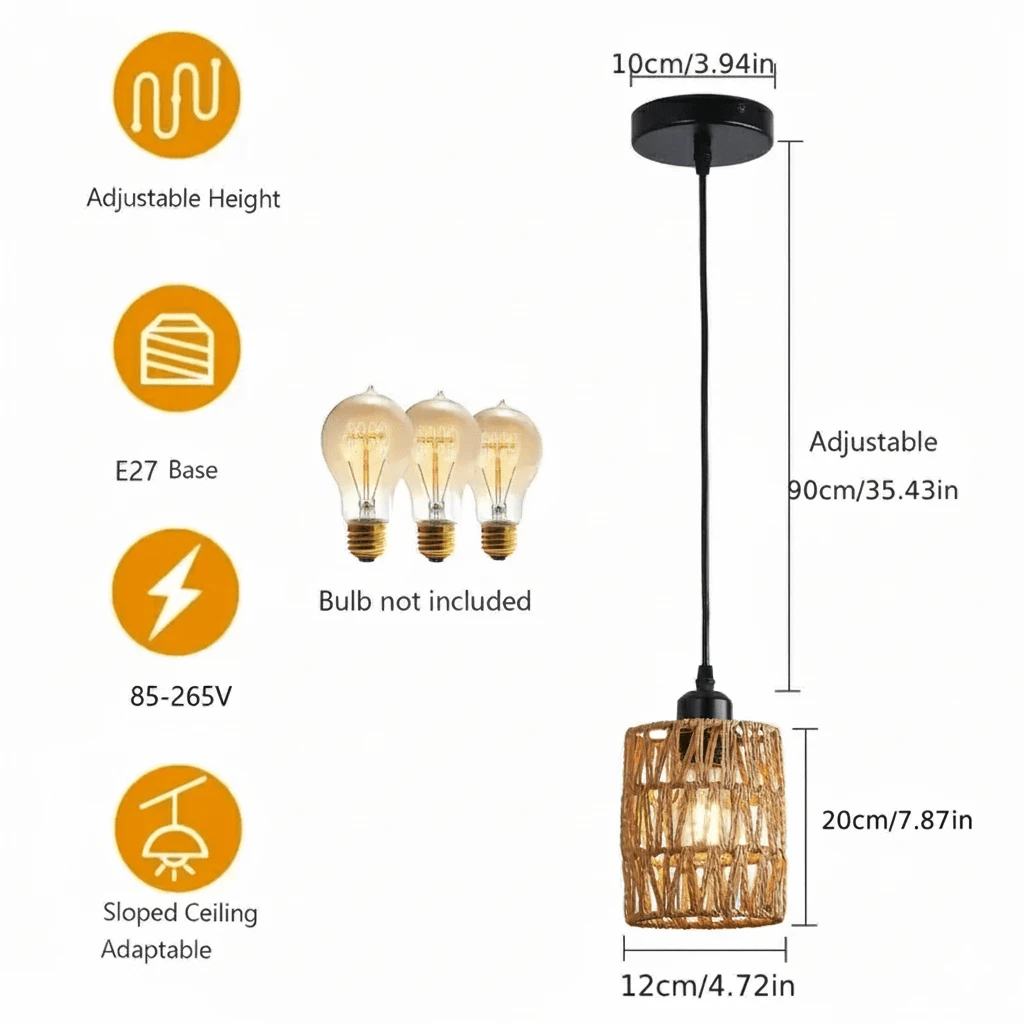 1pc/2pcs Bohemian Style Rattan Pendant Light, Handwoven Wicker Lamp Shade, E27 Socket, Suitable For Dining Room, Bedroom, Hallway, Living Room, Island, Bulb Not Included - Flax - View 1